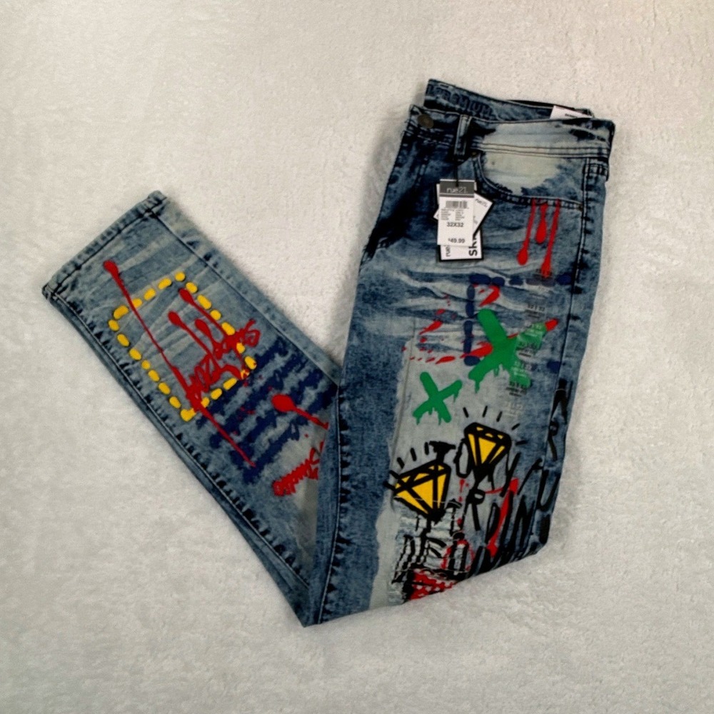 Rue21 Premium Mens Skinny Fit Acid Wash Graffiti Paint Splatter Jeans 32x32